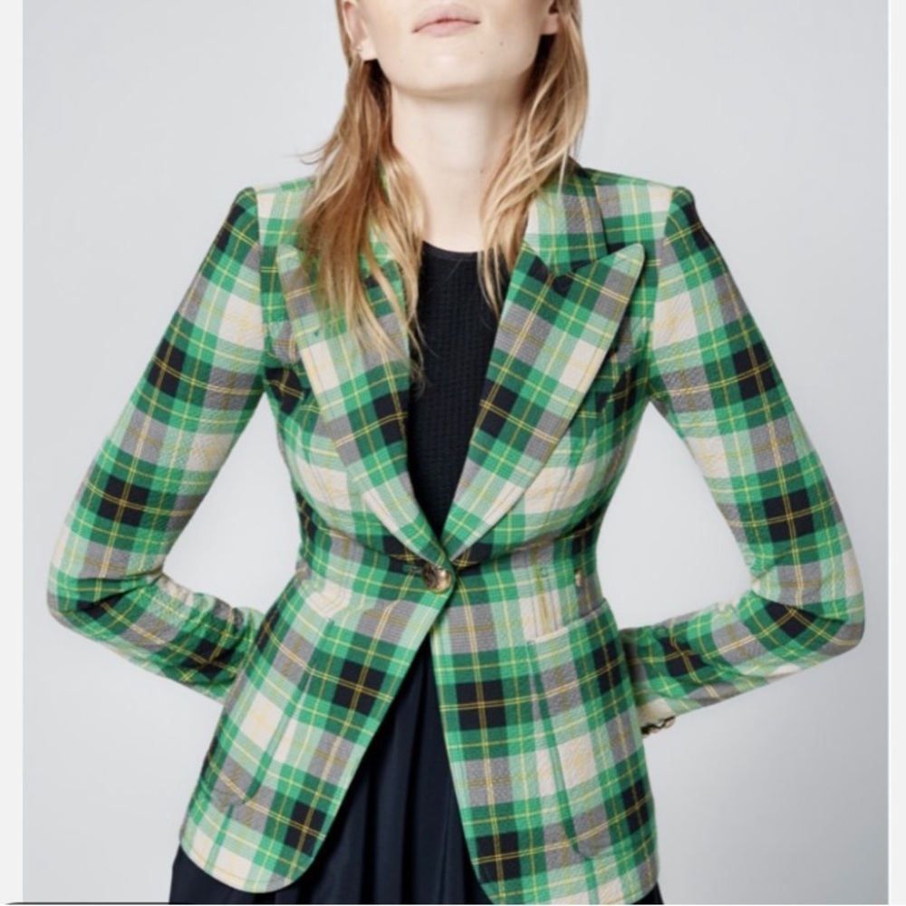 Smythe Patch Pocket Duchess Gold Button Blazer Grass Green Seersucker Plaid 6 SM